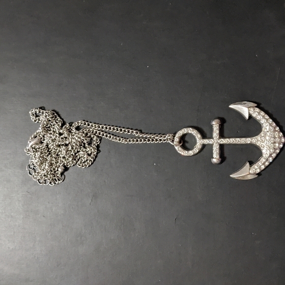 Silver Tone Clear Rhinestone Anchor Long Statement Necklace - Picture 2 of 2